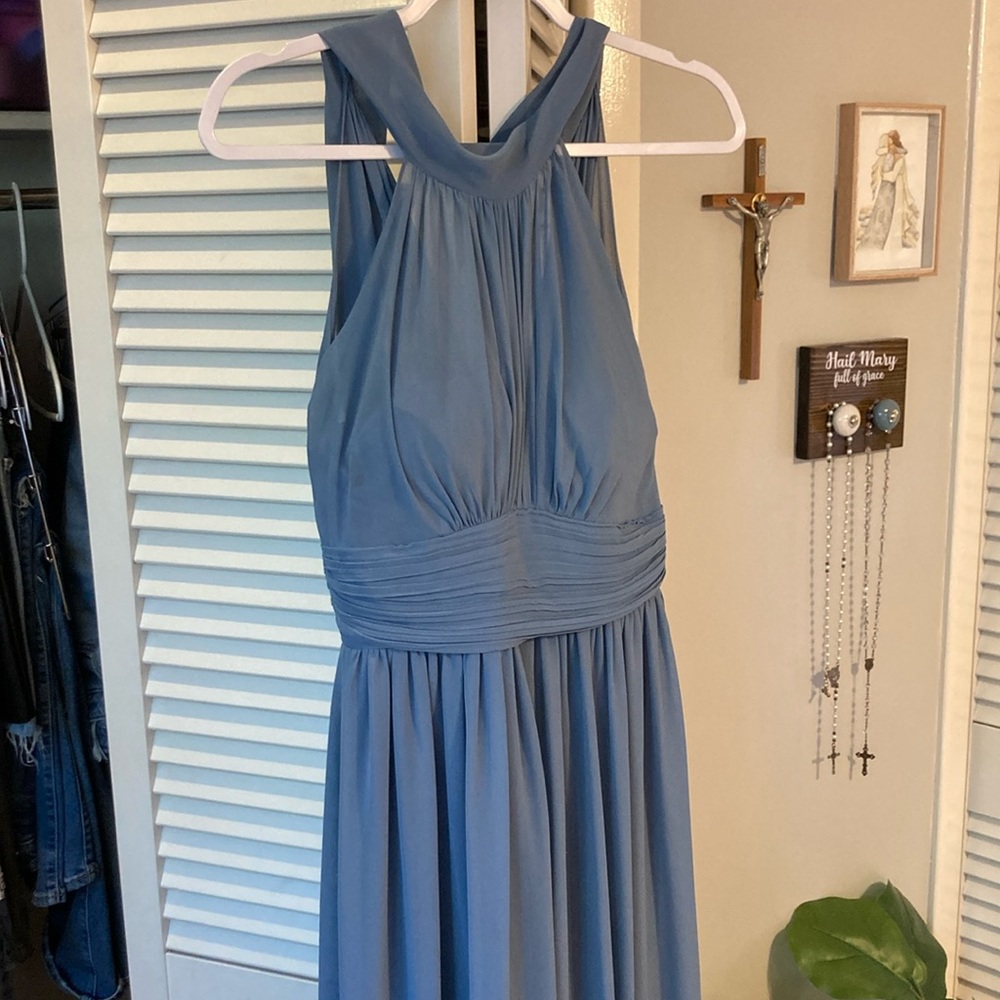 Dusty Blue Chiffon Floor Length High-Neck Bridesmaid Dress